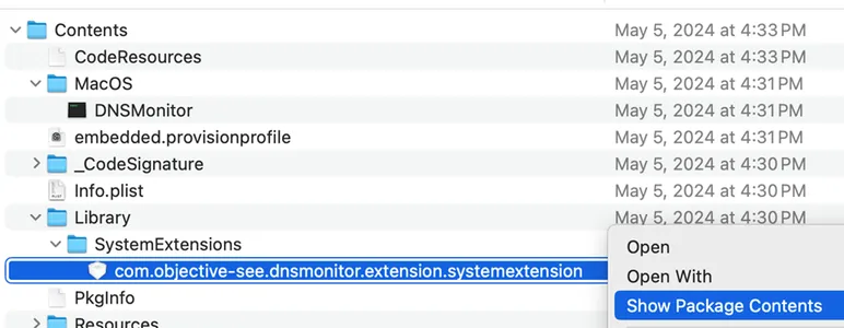 A screenshot of macOS Finder showing the content of DNSMonitor's application bundle with the user about to click "Show Package Contents" for the embedded system extension.